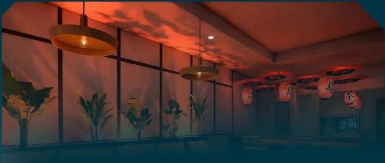 Render de un local gastronómico con iluminación roja y faroles