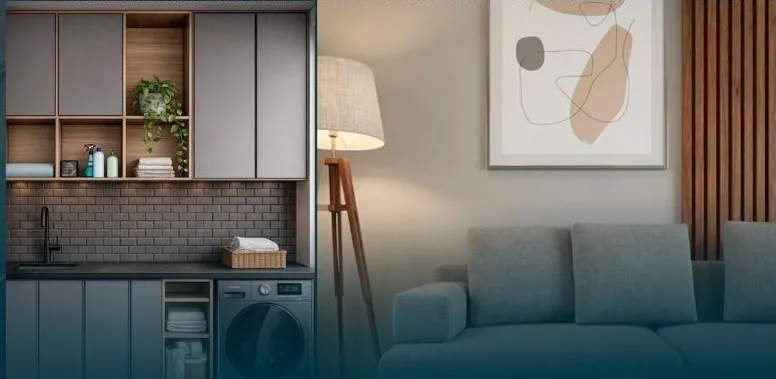 Render de living y lavadero integrados